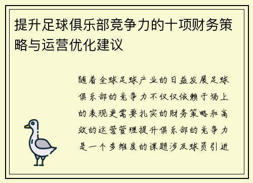 提升足球俱乐部竞争力的十项财务策略与运营优化建议