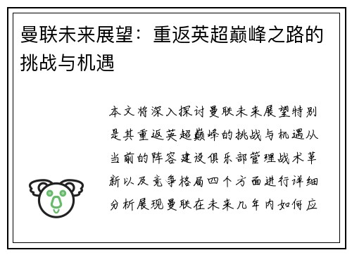曼联未来展望：重返英超巅峰之路的挑战与机遇
