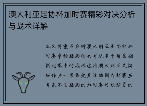 澳大利亚足协杯加时赛精彩对决分析与战术详解